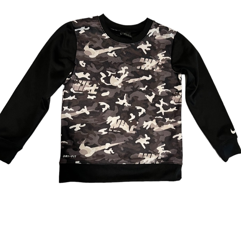 NIKE BOYS BLACK AND DARK GRAY CAMO DRI FIT PULLOVER NWOT